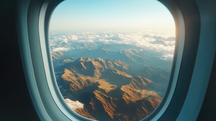 Fototapeta premium 3D rendering of a view through an airplane window showcasing mountainous landscapes
