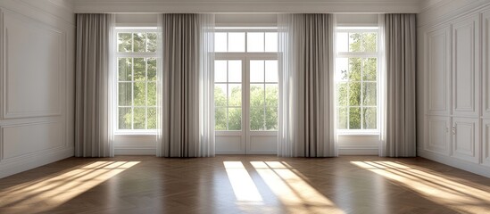 Fototapeta premium 3D rendering of an empty living room featuring a large bright window with curtains and a closed door showcasing modern design with white walls and hardwood flooring