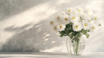 3D rendering of white chrysanthemums and aster flowers in a glass vase against a gray interior wall Soft focus with a minimalist still life composition Light and shadows create a natural horizonta