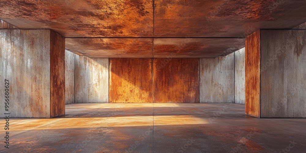 Aufkleber abstract interior of an empty room featuring rusted metal sheets and brown concrete enhanced with 3d