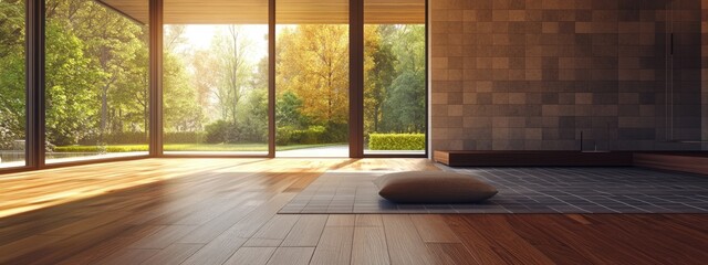 3D rendering of an interior featuring a wooden floor and tiled wall with a contemporary design