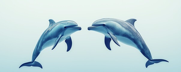 Fototapeta premium Two playful dolphins swim gracefully together in clear blue water, showcasing their intelligence and social behavior.