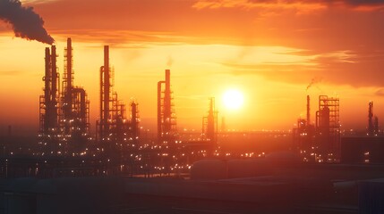 Obraz premium A sunset over a city skyline with a large industrial area in the background. The sky is orange and the sun is setting