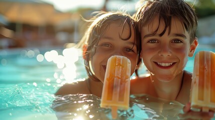 A close-up of kids enjoying popsicles by the pool, vibrant summer setting with bright light reflecting off the water