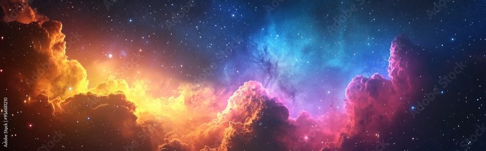 Aufkleber giant starscape backdrop featuring colorful space clouds in 3d cartoon rendering