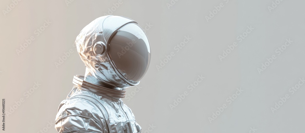 Poster 3D illustration of a silver spaceman astronaut in a side view against a light grey background with neutral diffused side lighting