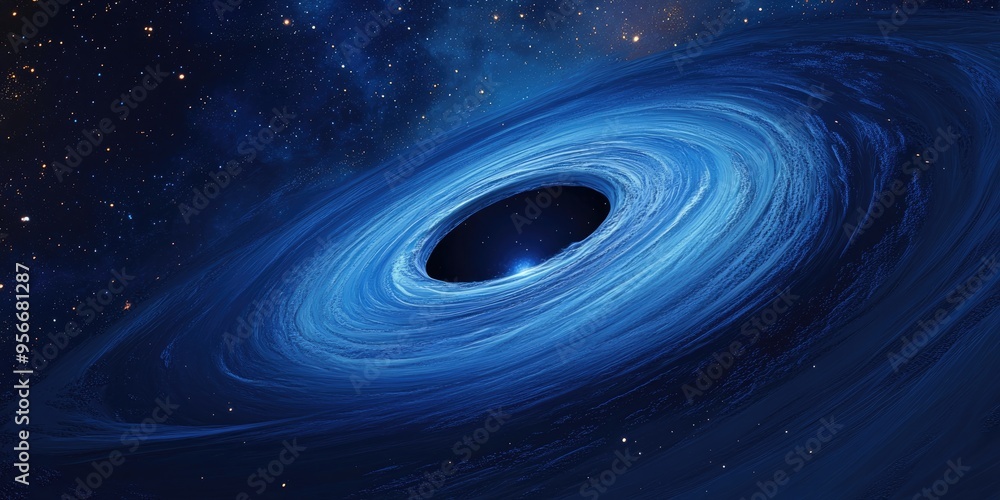 Poster illustration of a black hole in outer space with 3d cartoon rendering