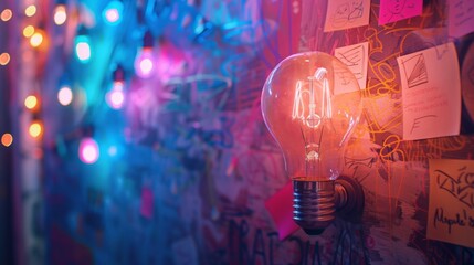 Creative workspace with glowing bulb, neon lights, and idea post-it notes on a wall. Brainstorming concept for inspiration and collaboration.