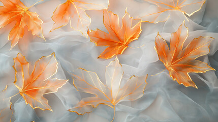 Obraz premium A cluster of semi-transparent orange maple leaves with elegant gold-trimmed edges, featuring subtle crack patterns on each leaf's surface