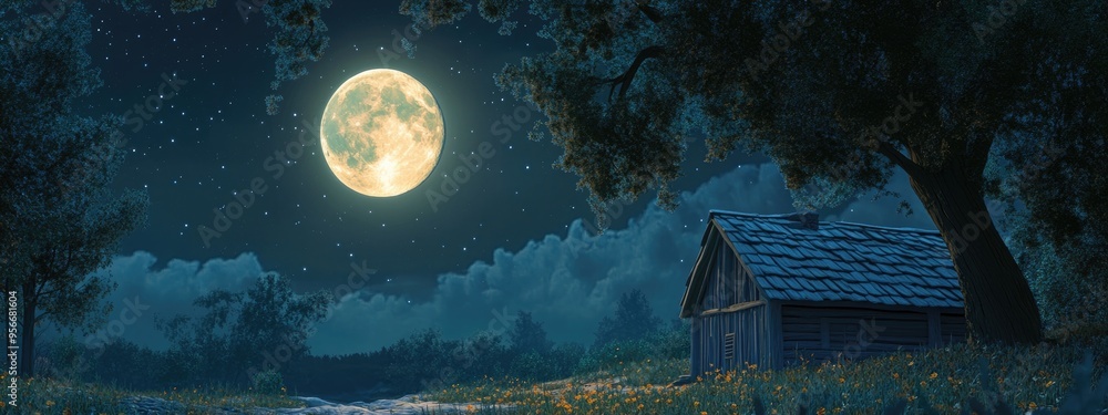 Poster 3d cartoon rendering featuring a full moon
