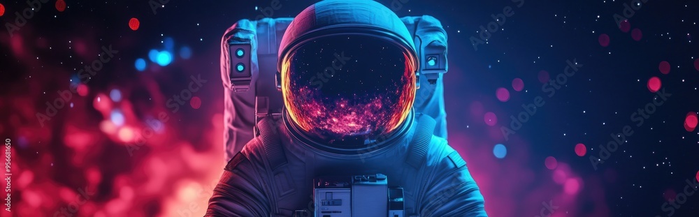 Poster Empty suit astronaut in a background of outer space rendered in 3D cartoon style