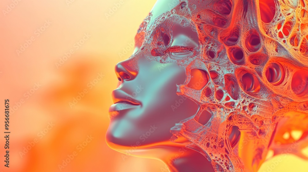 Poster abstract figure rendered in 3d cartoon style against a background featuring fractal elements