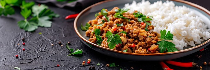 A beautifully presented dish featuring flavorful minced meat garnished with fresh herbs, accompanied by a serving of fluffy white rice on a stylish plate.