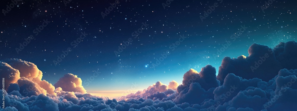 Poster beautiful night sky with stars and clouds in a 3d cartoon rendering