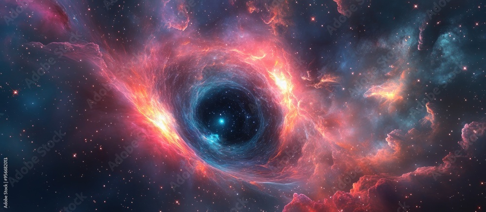 Fototapete Stars and material fall into a black hole in this 3D cartoon rendering An abstract space wallpaper featuring a black hole surrounded by a nebula colorful stars and cloud fields in outer space