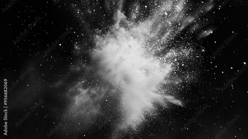 Poster White powder explosion on black background depicted in 3D cartoon rendering Abstract texture of white dust