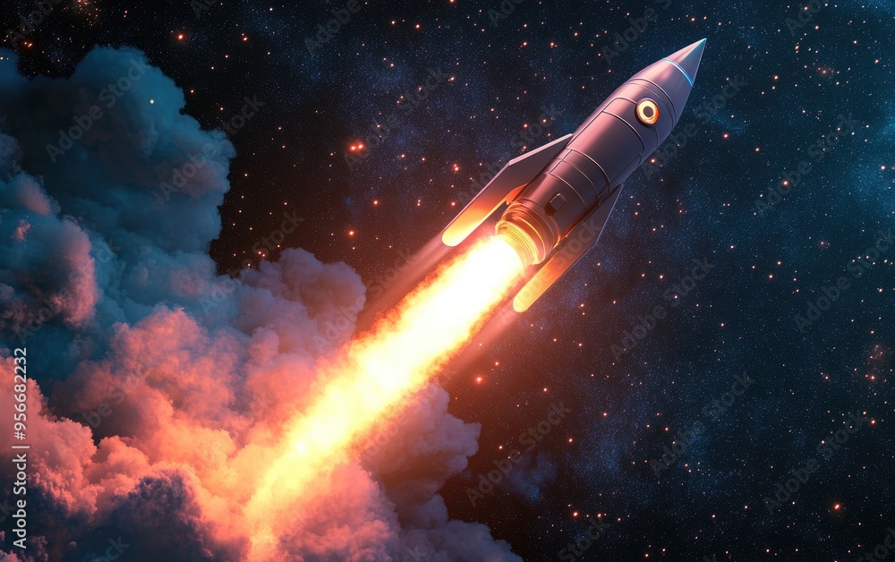 Poster Rocket takes off into space with a light blast in a starry sky depicted in 3D cartoon rendering Spaceship launch against a dark background concept