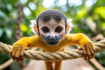 Curious Golden-Handed Tamarin Holding Onto Rope
