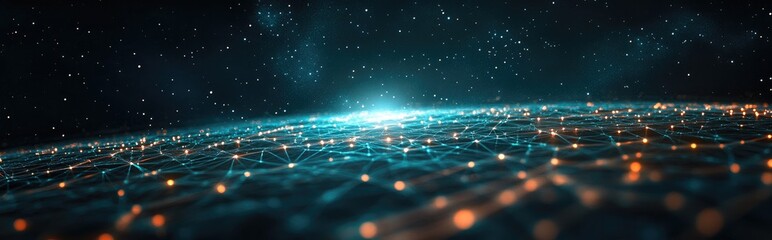 Abstract landscape in a dark background featuring a star horizon cyberspace grid and a high tech network in an outer space setting 3D cartoon rendering Starry outer space texture 3D illustration