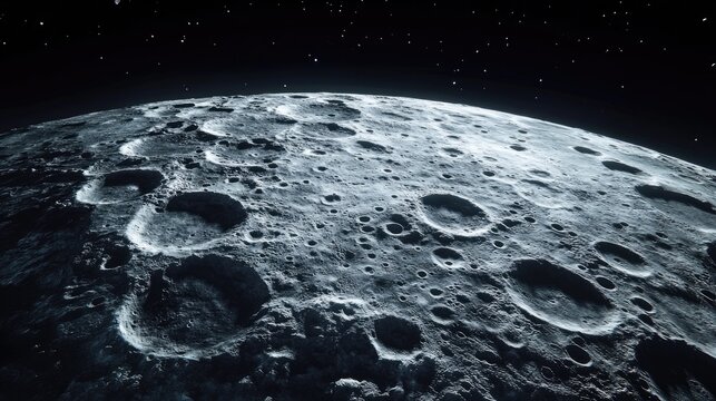 Close up view of the moon s surface with 3D cartoon rendering featuring moon craters in an illustrative style