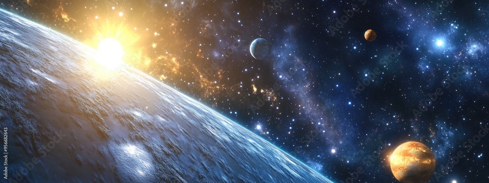 Poster 3d cartoon depiction of stars venus sirius and earth from space featuring dawn and the atmosphere of