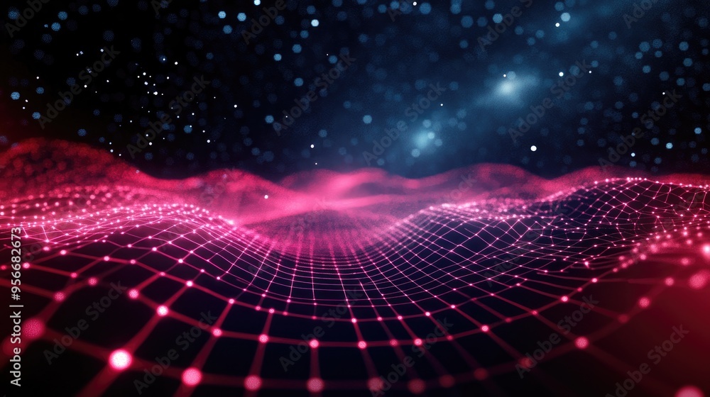Aufkleber 3D illustration of an abstract landscape featuring a cyberspace grid on a dark background showcasing a starry outer space texture and a hi tech network