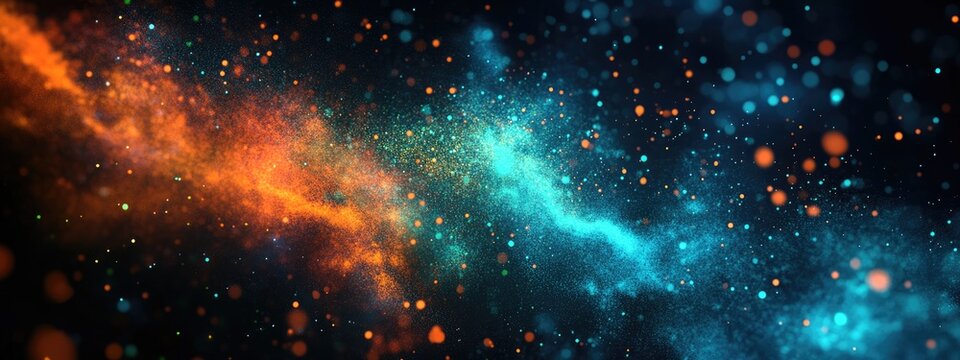 Abstract image featuring a blend of blue green and orange particles rendered in 3D cartoon style against a dark background evoking a cosmic scene or nebula like formation