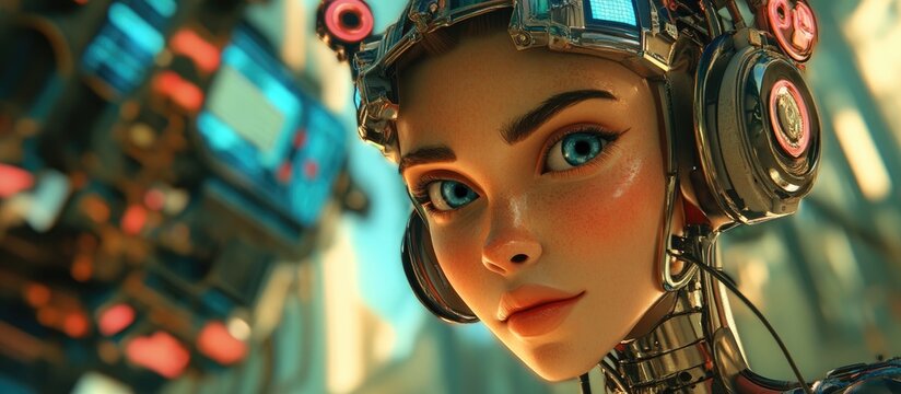 Digital 3D illustration featuring a fembot in a cartoon rendering style