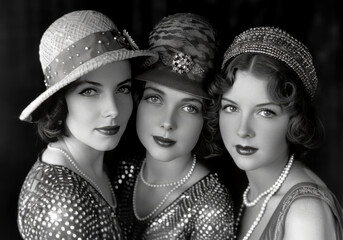A black-and-white portrait of three elegant women from the 1920s, showcasing their glamorous fashion with cloche hats, pearls, and sequined dresses, epitomizing the vintage style of the Jazz Age.