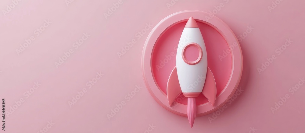 Poster rocket icon inside a pink emblem in a 3d cartoon rendering