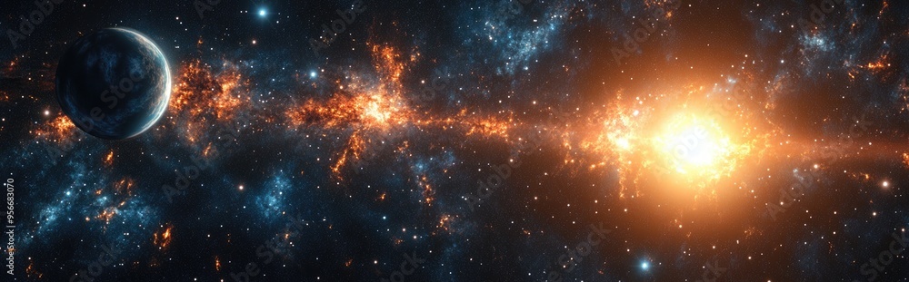 Poster Cartoon rendering in 3D of stars and a galaxy within open space