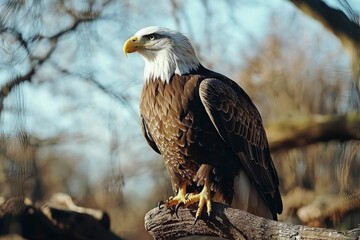 Fototapeta premium Bald Eagle Perched on a Branch with a Blurry Background