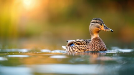 Obraz premium Tranquil duck floating on calm pond at sunset with golden light reflections
