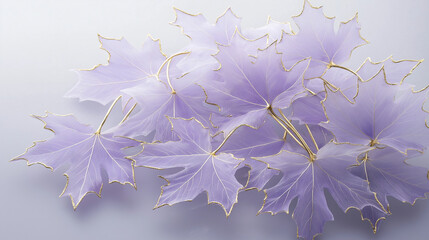 A cluster of semi-transparent violet maple leaves with elegant gold-trimmed edges, featuring subtle crack patterns on each leaf's surface