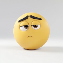 Fototapeta premium A confused emoji with frowning eyebrows and a tilted head expresses uncertainty in a minimalist white setting, evoking humor and curiosity in a playful visual style