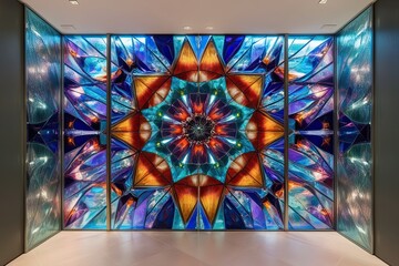 Vibrant Kaleidoscopic Glass Wall Design Featuring Luminous Shapes and Geometric Patterns