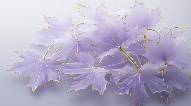 A cluster of semi-transparent violet maple leaves with elegant gold-trimmed edges, featuring subtle crack patterns on each leaf's surface