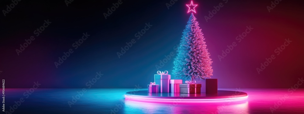 Poster christmas tree and gift box design for holiday decoration mock up podium for product display abstrac