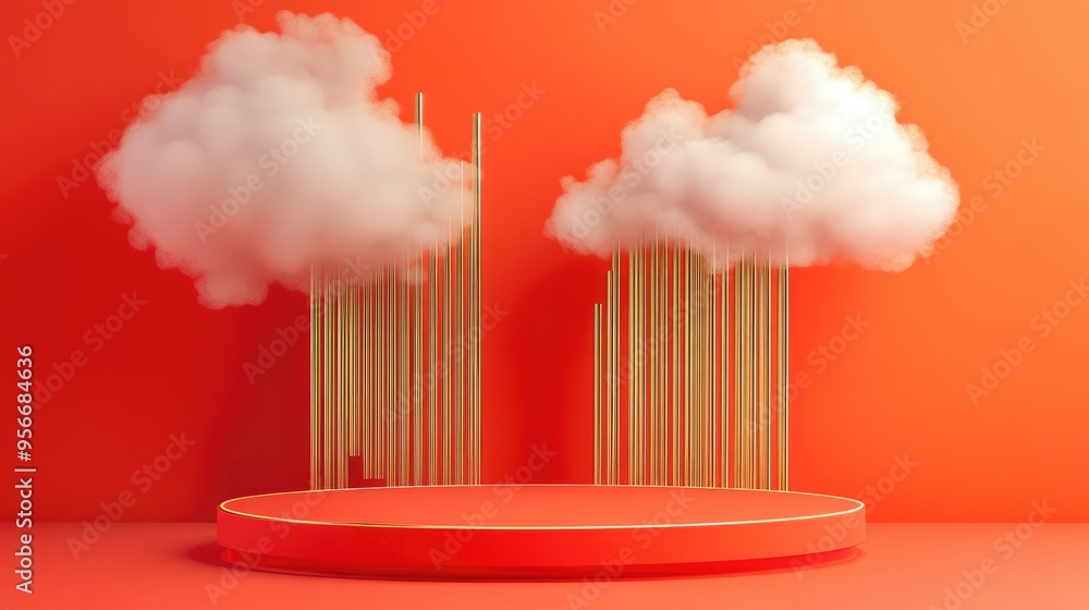 Aufkleber neon orange and bright red 3d rendered display podium with abstract cloud shapes and golden lines in