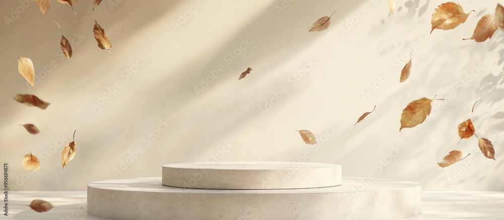 Poster beige podium in a 3d rendering with a beige background and falling leaves