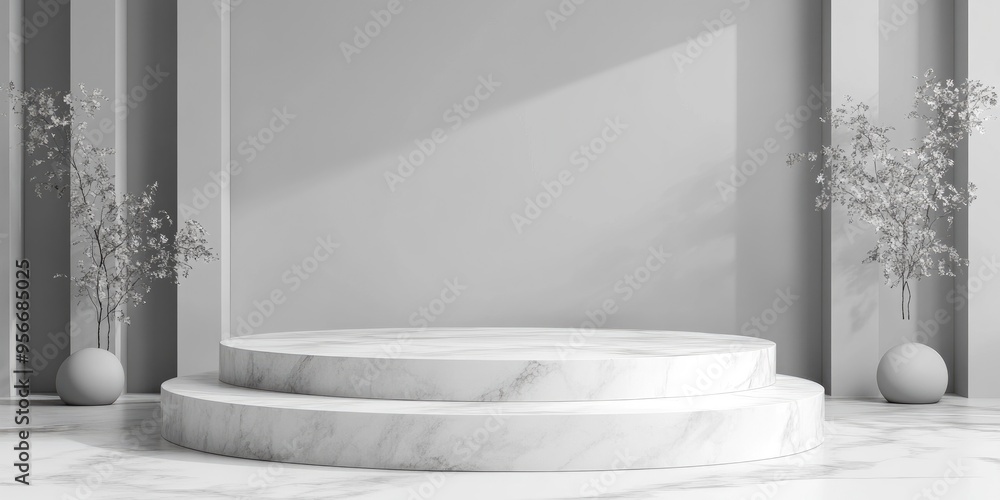 Poster Empty marble podium featuring geometric shapes in a gray composition for a modern stage display and minimalist mockup serving as an abstract showcase background 3D illustration or render concept