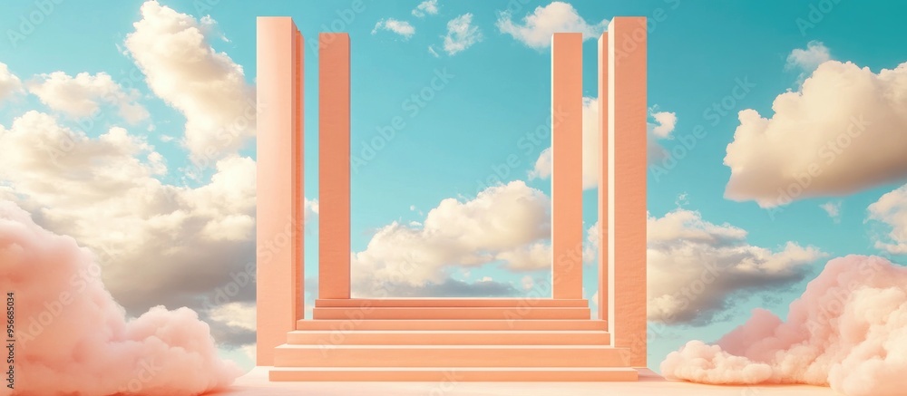 Aufkleber podium stand against a peach backdrop featuring a blue sky and clouds rendered in 3d