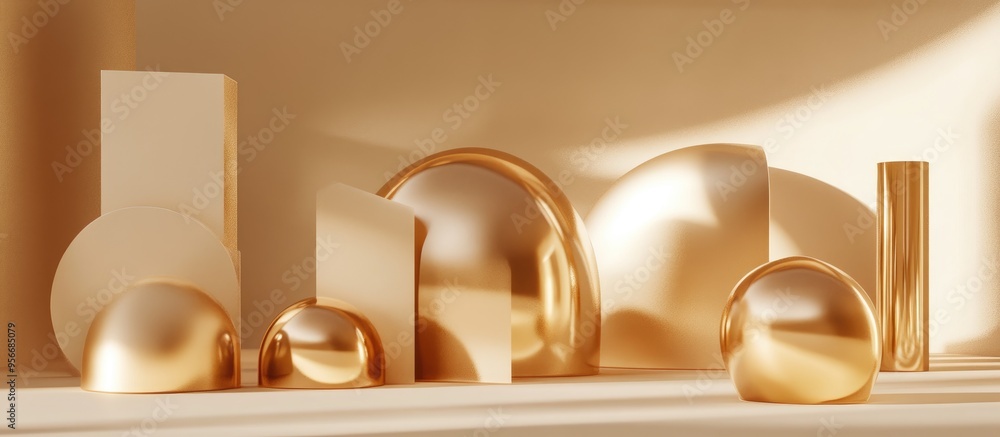 Poster composition featuring smooth rounded shapes in champagne hues for product showcasing 3d rendering