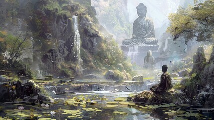 Serene Buddha Statue in a Lush Forest