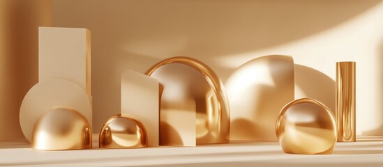 Composition featuring smooth rounded shapes in champagne hues for product showcasing 3D rendering