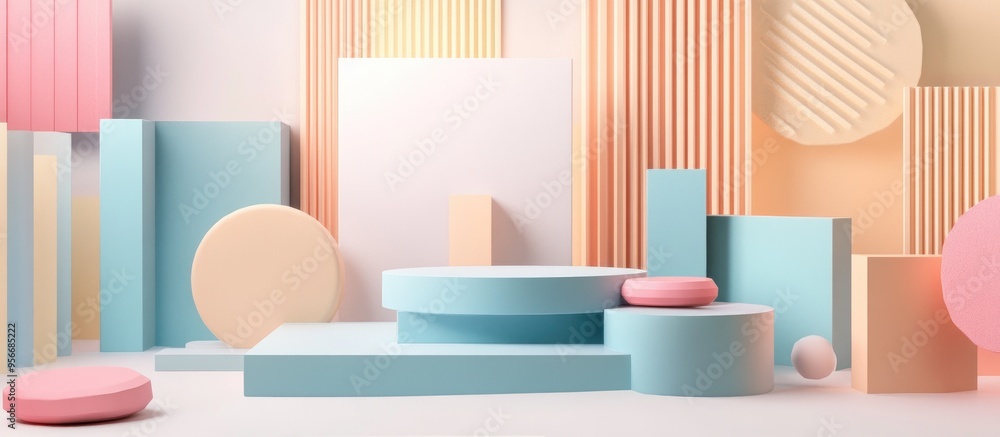 Poster Abstract geometric shapes with pastel colors in a minimal design for product display podium 3D render
