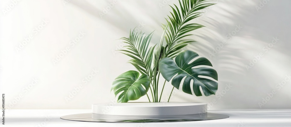 Poster product display pedestal featuring water reflection monstera leaf and bamboo leaf against a white ba