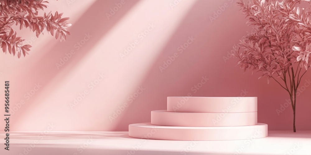 Poster Minimalist backdrop for showcasing products featuring a stacked pink platform 3D rendering