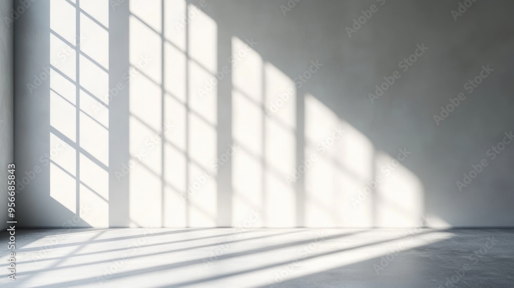 Poster Sunlight casting shadows on a gray wall creating a bright room atmosphere featuring sunbeams on a transparent background