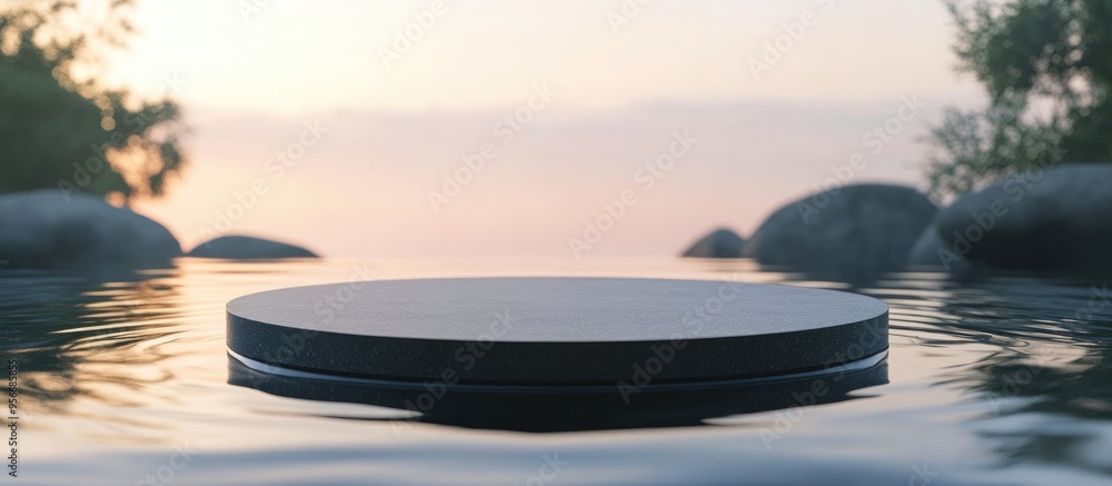 Poster abstract circular podium in water for product showcasing round display stage in an outdoor 3d render